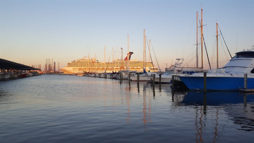 Image of may sailboats docked in a marina at daybreak