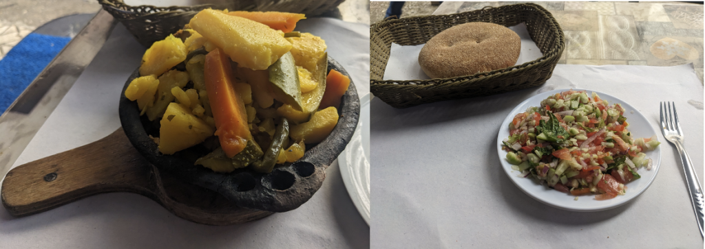 Images of two moroccan dishes, a tajine and a salad.