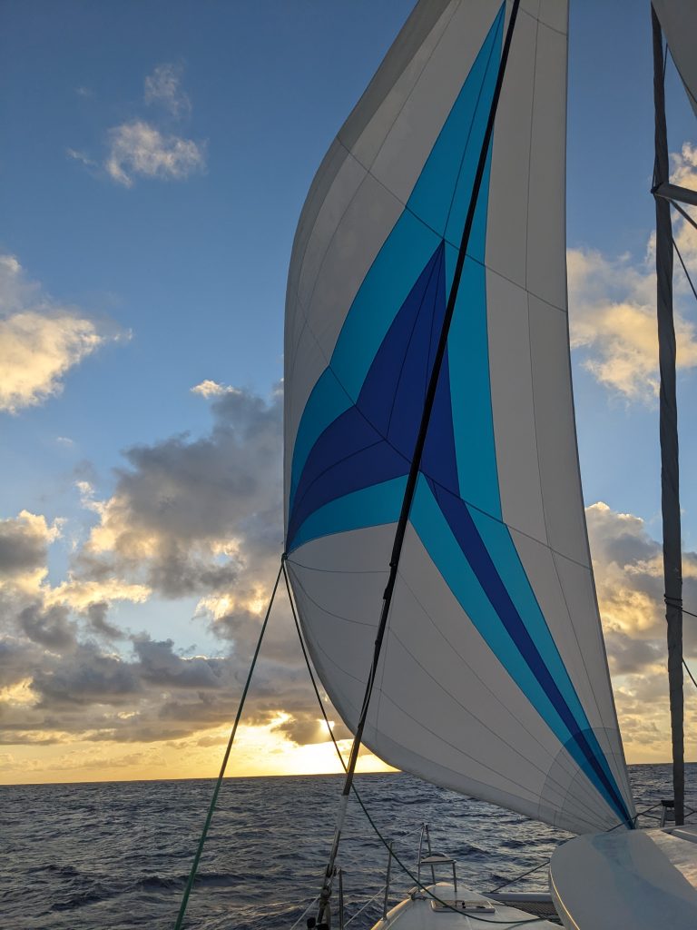 Image of a blue and white sail, hoisted on the bow of a sailboat underway.