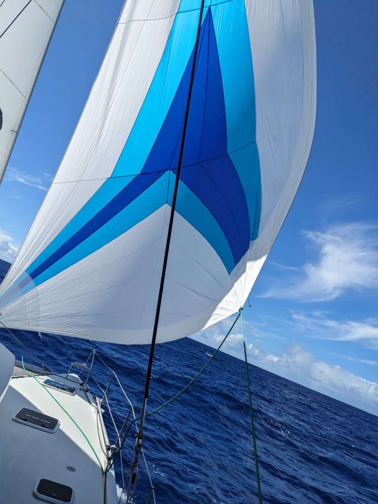 Image of a blue and white sail on a sailboat underway at sea