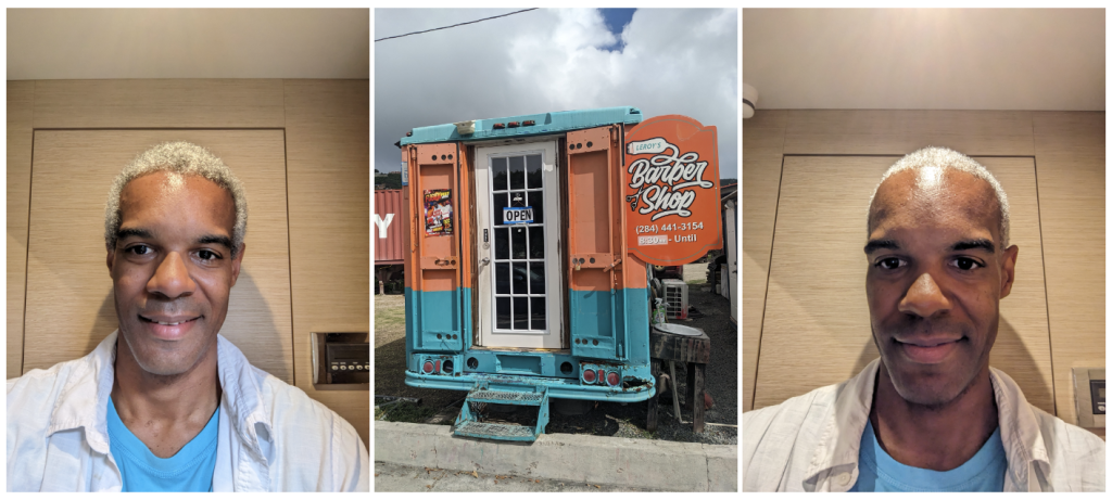 before and after pictures of a haircut, also with a picture of the barber shop