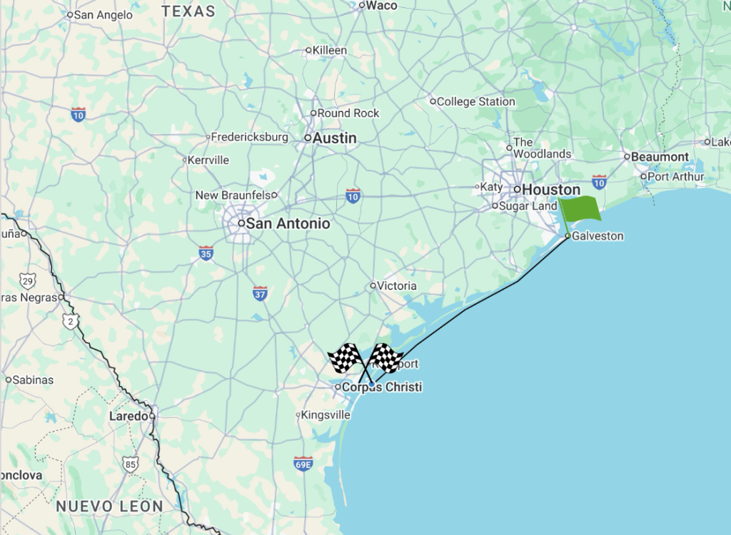 Image of a map showing start and finish race flags, starting off the coast of Houston and finishing off the coast of Corpus Christi