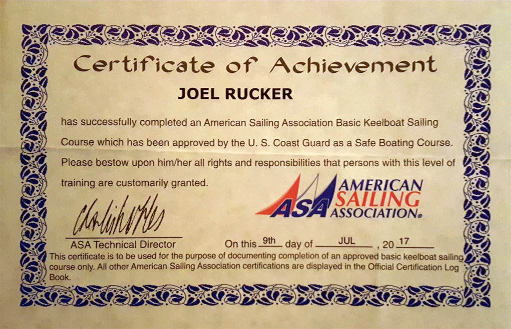 Image of ASA 101 Basic Keelboat Certification Certificate