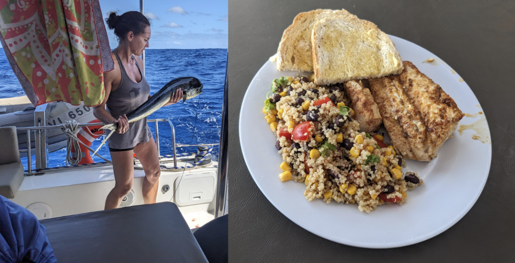 Image of a woman holding a large fish on a boat, next to a photo of a filet of fish on a plate with quinoa.