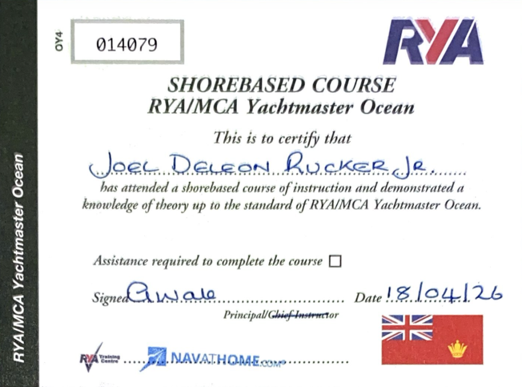 Certificate for Shorebased Course RYA/MCA Yachtmaster Ocean